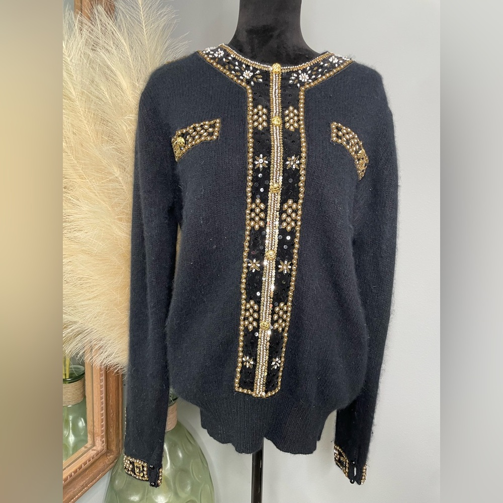 80s 90s Glam Vintage Black Gold Beaded Sequin Wool Blend Sweater